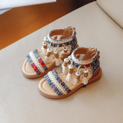 Girls Ethnic Retro Sandals Children Gladiator Sandals Fashion Kids Tassels Princess Shoes (Available)