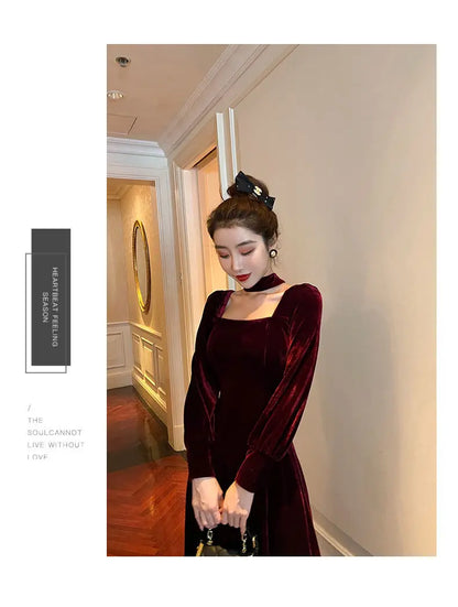 Sexy Dress Women French Retro Vintage Square Collar Waist Office Lady Wine Red Golden Velvet Autumn and Winter Female Clothing