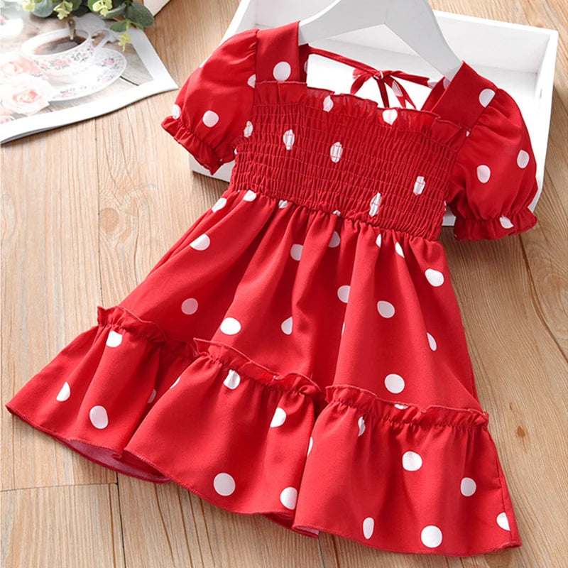 New Baby Summer Dresses Girls Sweet Lace Chiffon Polka Dot Dress Little Girl Chiffon Short Sleeve Dress For Kids Clothes