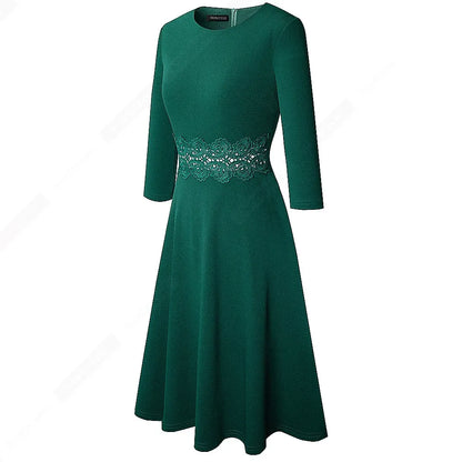 Women Vintage Casual Round Neck A line Summer Elegant Floral Lace Patchwork Sleeveless Tunic Party Swing Dress HA079