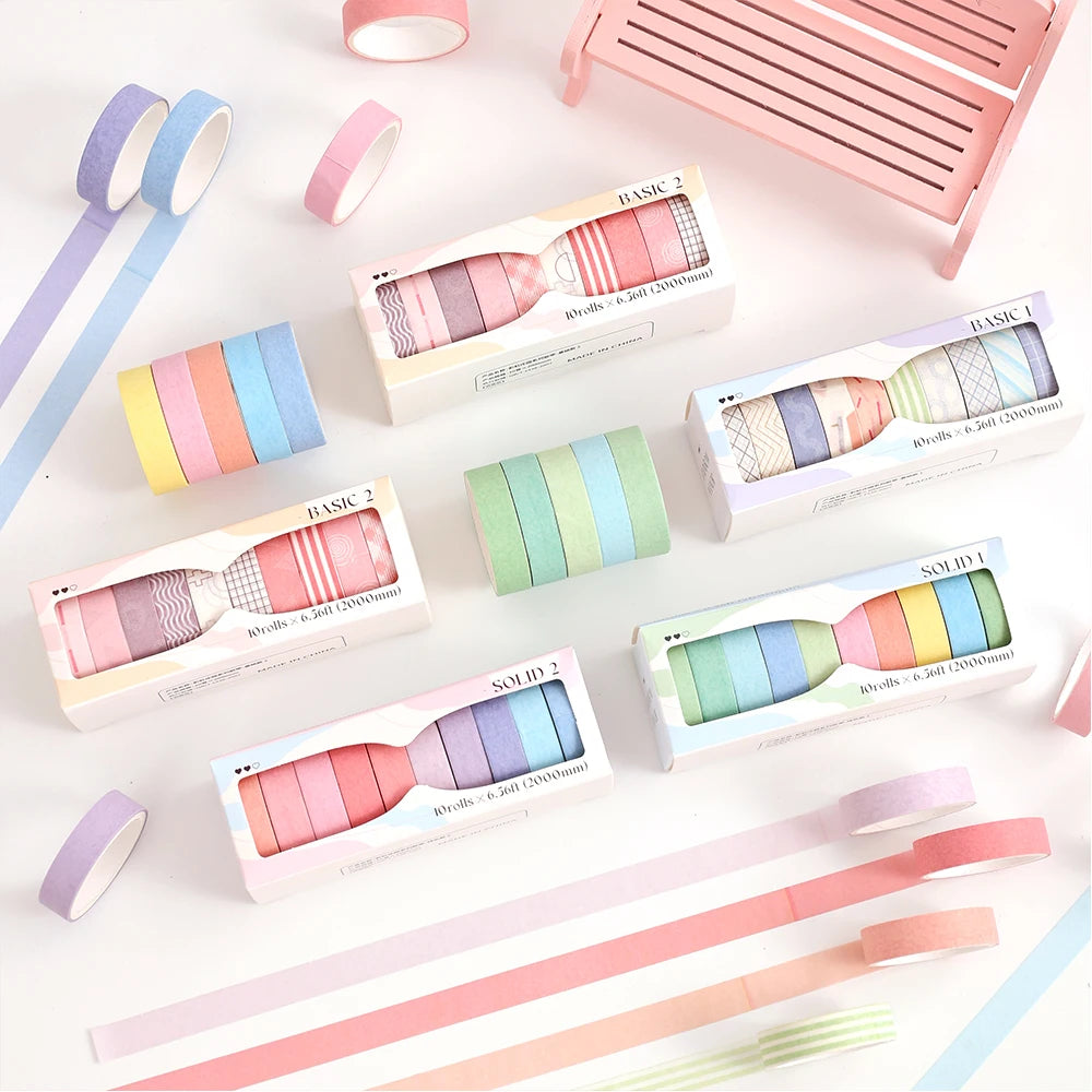 IMODA Stationery 10 Rolls Washi Masking Tape Set 10mm Wide Colorful Decorative Tape for DIY Art Crafts Journaling Scrapbooking