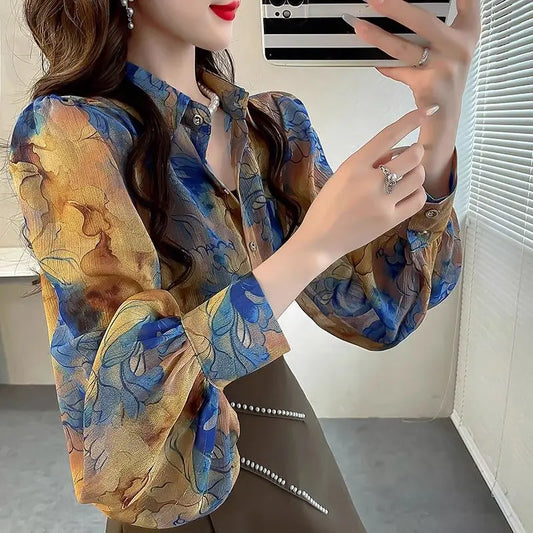 Boutique Wholesale 2025 Summer New Fashionable Loose Temperament Slimming Lantern Sleeve Printed Women's Shirt
