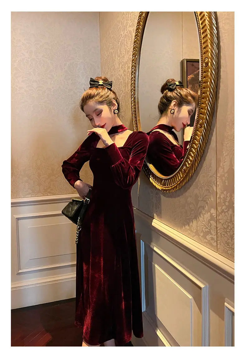 Sexy Dress Women French Retro Vintage Square Collar Waist Office Lady Wine Red Golden Velvet Autumn and Winter Female Clothing