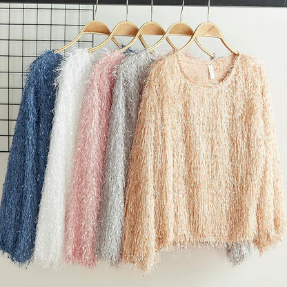 Blouse Women Shirt 2021 Spring Loose Puff Sleeves Furry Top Women's round-Neck Shirt Autumn and Winter Blusas Mujer De Moda