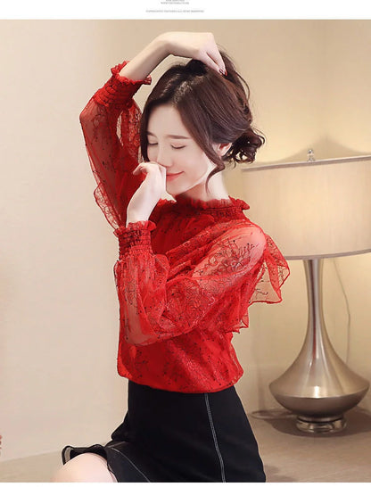 Women Blouse Lace Women's Spring  Autumn Chiffon Shirt Top Spring Blouse Shirts Ropa De Mujer