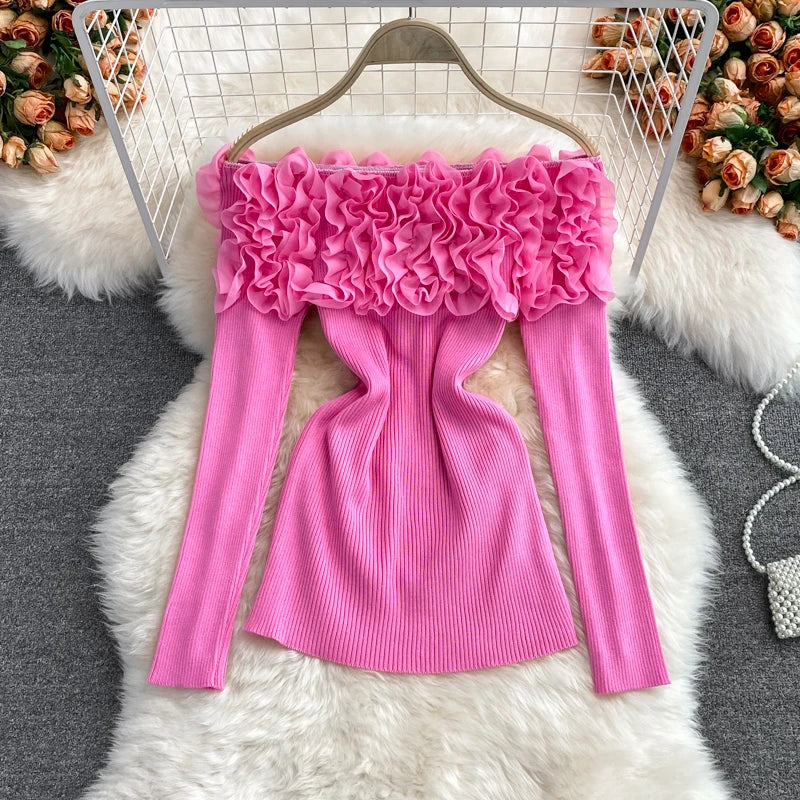 Autumn Women Knitting Full Sleeve Patchwork Sweaters Pullovers Girls Slim Floral Knitted Knitwear Tops GTA014