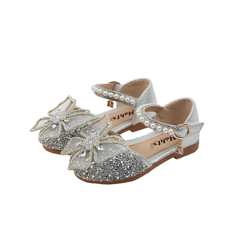 Large Crystal Bow Tie Kids Shoes for Girl Princess Beading Mary Jane Shoes Bling Prom Children  Girls Designer Shoes
