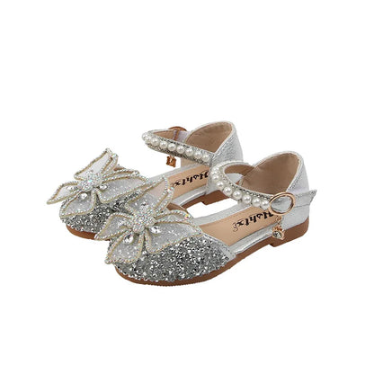 Large Crystal Bow Tie Kids Shoes for Girl Princess Beading Mary Jane Shoes Bling Prom Children  Girls Designer Shoes