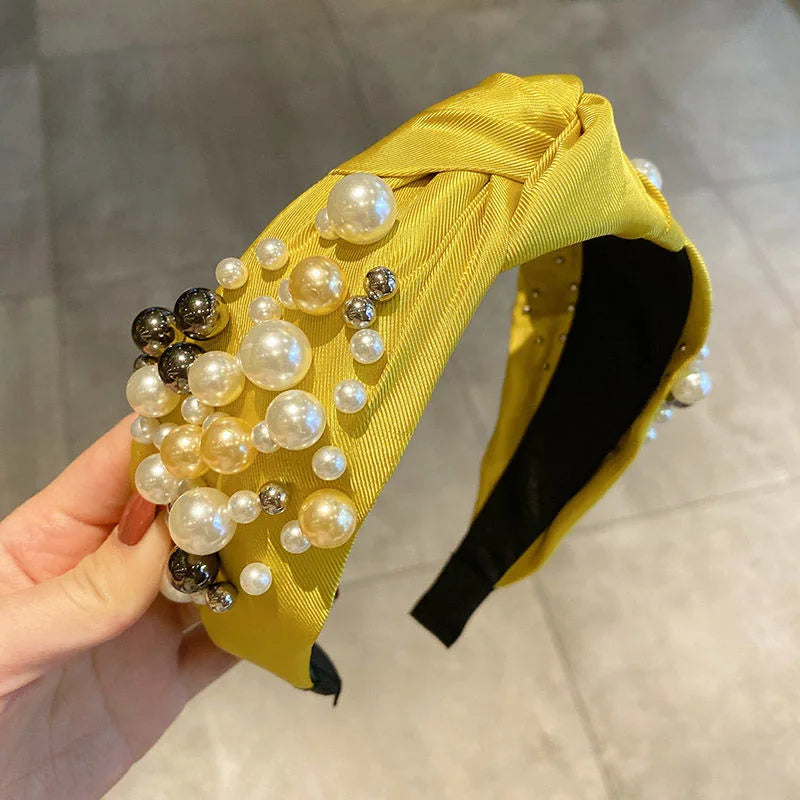 Fashion Pearl Hairbands Hair Accessories Women Solid Color Fabric Knotted Headbands Boutique