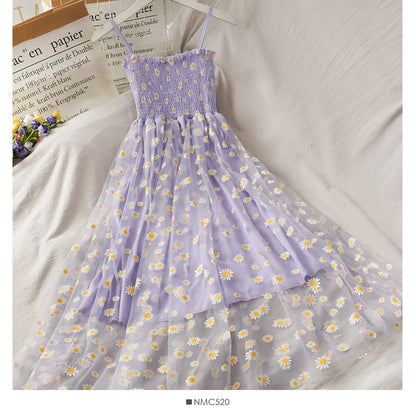 Sleeveless Dress Women Elegant Daisy Strappy Mesh Designer A-Line Stretchy Bust Fresh Ruched Retro High Waist Female Sundress