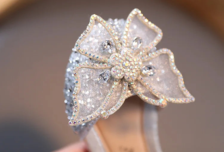 Large Crystal Bow Tie Kids Shoes for Girl Princess Beading Mary Jane Shoes Bling Prom Children  Girls Designer Shoes