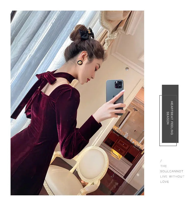 Sexy Dress Women French Retro Vintage Square Collar Waist Office Lady Wine Red Golden Velvet Autumn and Winter Female Clothing