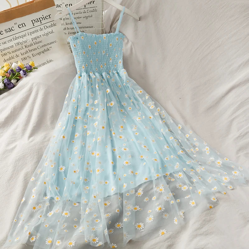 Sleeveless Dress Women Elegant Daisy Strappy Mesh Designer A-Line Stretchy Bust Fresh Ruched Retro High Waist Female Sundress