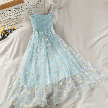 Sleeveless Dress Women Elegant Daisy Strappy Mesh Designer A-Line Stretchy Bust Fresh Ruched Retro High Waist Female Sundress