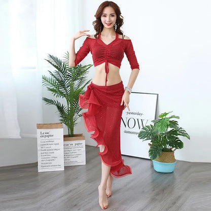 Belly Dance Costume For Women Belly Dancing Skirt Wrap Hip Scarf With Ruffles Side Slit Practice Show Dark Green Korea Design