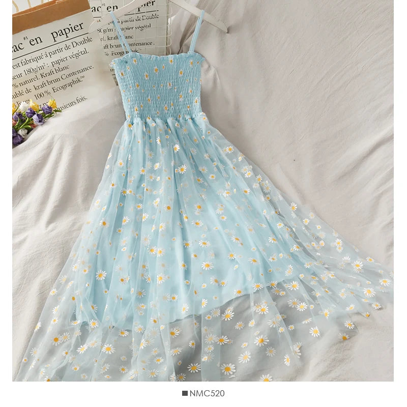 Sleeveless Dress Women Elegant Daisy Strappy Mesh Designer A-Line Stretchy Bust Fresh Ruched Retro High Waist Female Sundress