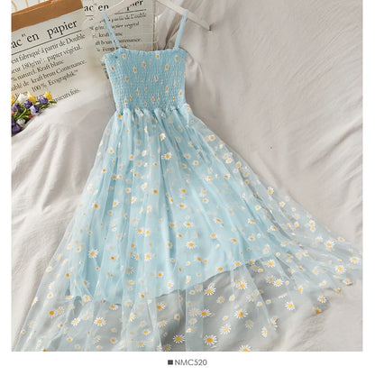 Sleeveless Dress Women Elegant Daisy Strappy Mesh Designer A-Line Stretchy Bust Fresh Ruched Retro High Waist Female Sundress