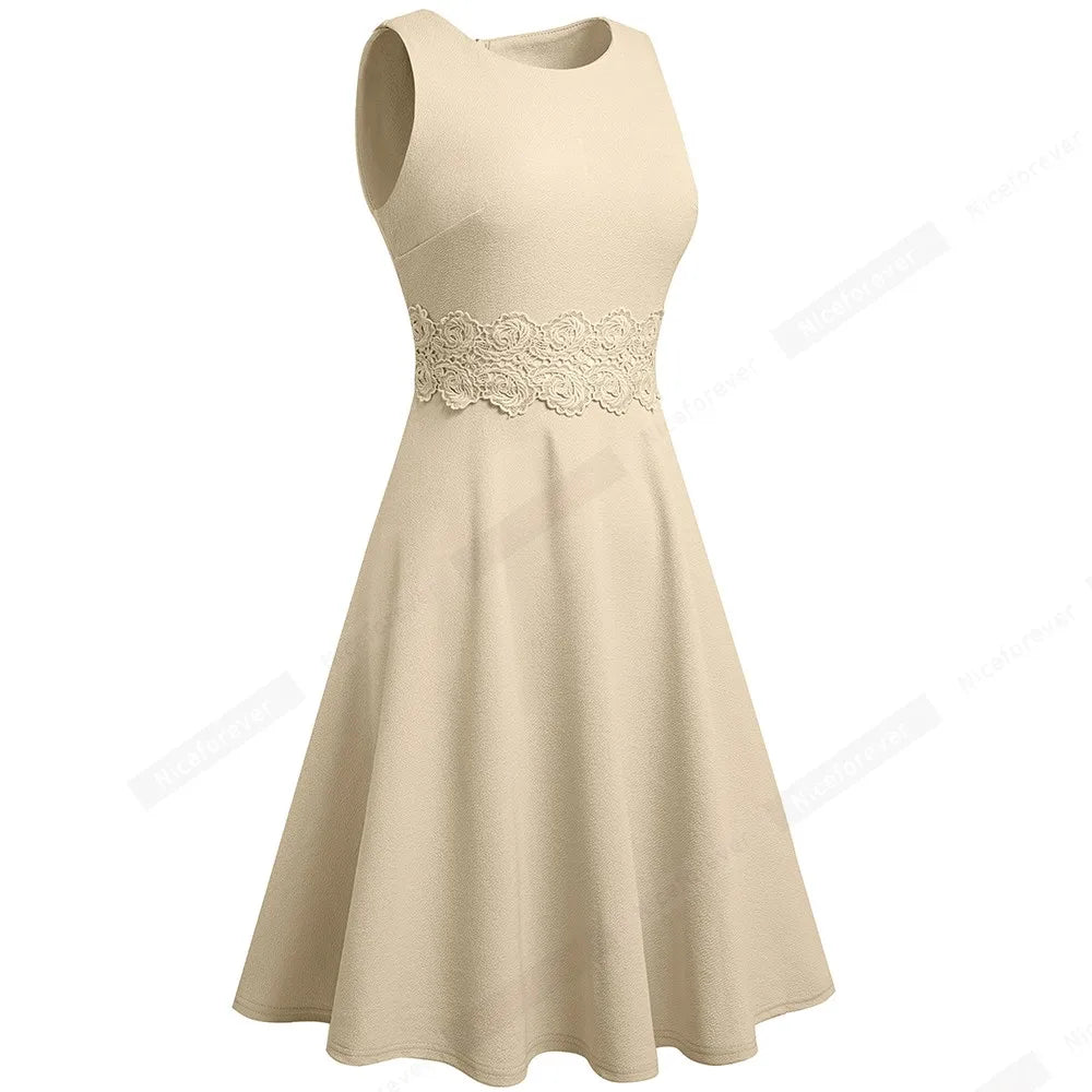 Women Vintage Casual Round Neck A line Summer Elegant Floral Lace Patchwork Sleeveless Tunic Party Swing Dress HA079