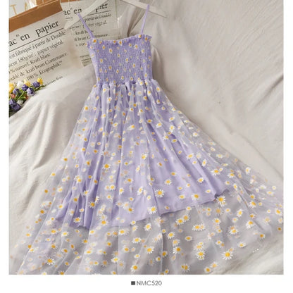 Sleeveless Dress Women Elegant Daisy Strappy Mesh Designer A-Line Stretchy Bust Fresh Ruched Retro High Waist Female Sundress
