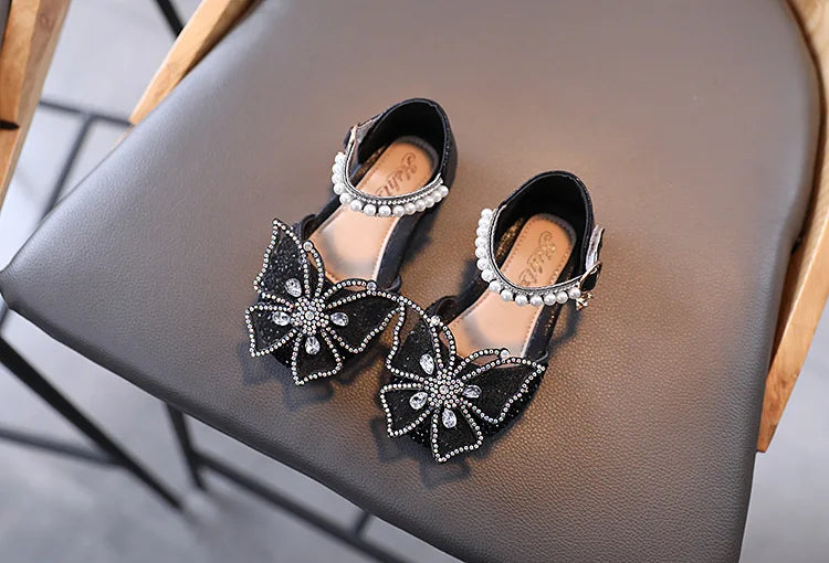 Large Crystal Bow Tie Kids Shoes for Girl Princess Beading Mary Jane Shoes Bling Prom Children  Girls Designer Shoes