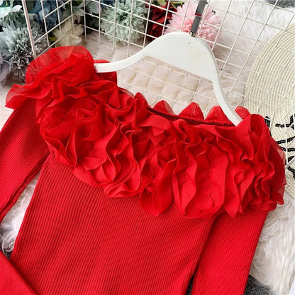 Autumn Women Knitting Full Sleeve Patchwork Sweaters Pullovers Girls Slim Floral Knitted Knitwear Tops GTA014