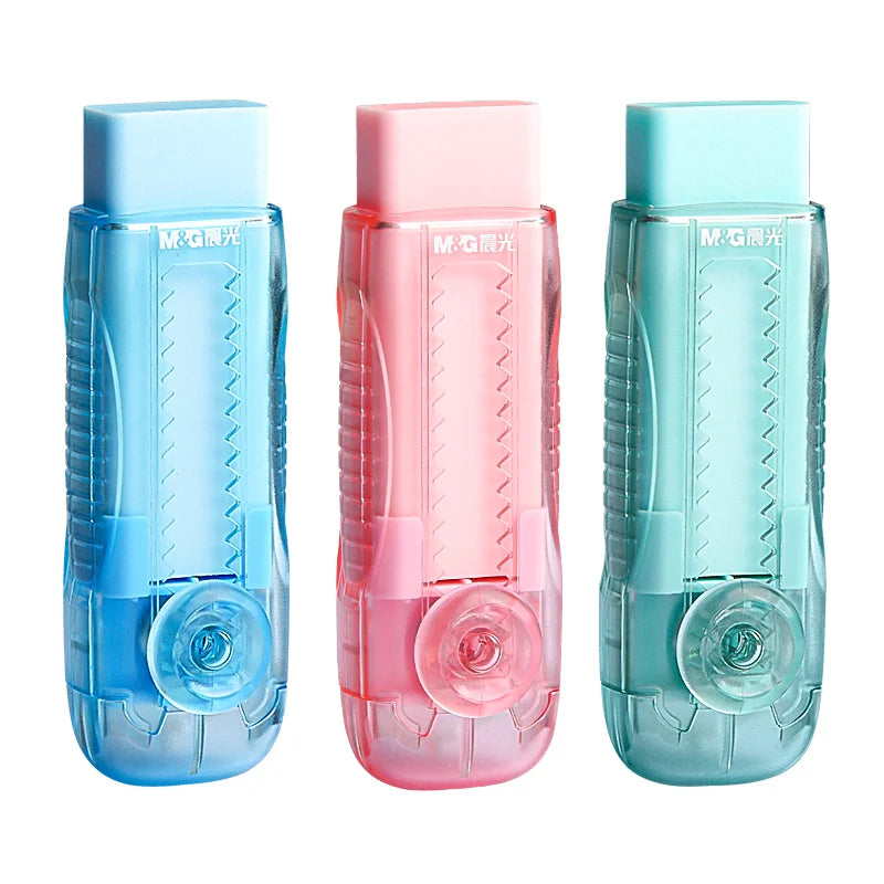M&G Small Button Clear Case Push Eraser Pencil Colourful Design with Black Rubber for Students and Office Use