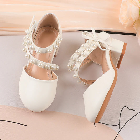 New Arrival White PrincessShoes SweetStyle Children's formal shoes decorated with pearl bows suitable for school dance classes