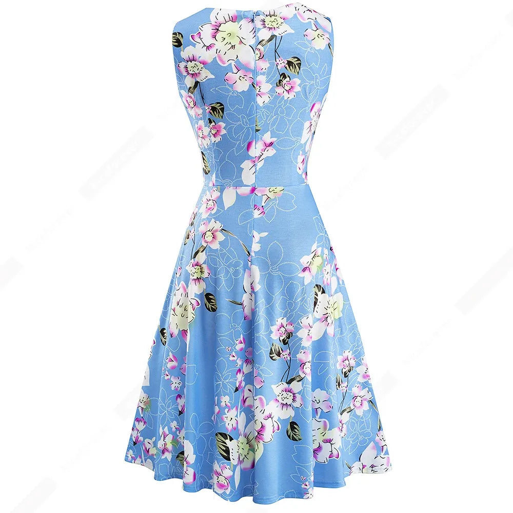 Women Vintage Casual Round Neck A line Summer Elegant Floral Lace Patchwork Sleeveless Tunic Party Swing Dress HA079