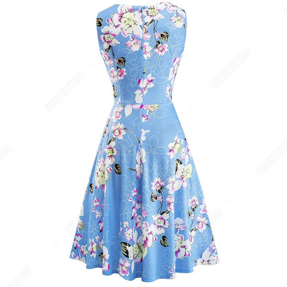 Women Vintage Casual Round Neck A line Summer Elegant Floral Lace Patchwork Sleeveless Tunic Party Swing Dress HA079