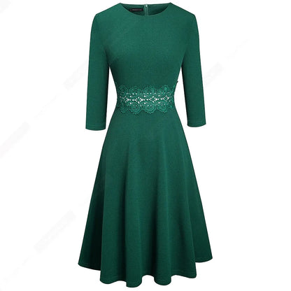 Women Vintage Casual Round Neck A line Summer Elegant Floral Lace Patchwork Sleeveless Tunic Party Swing Dress HA079