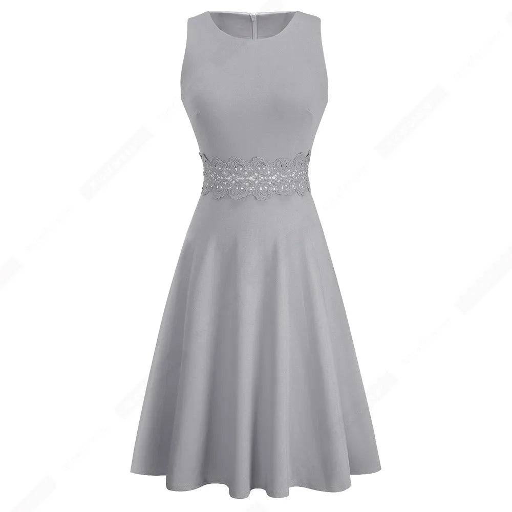 Women Vintage Casual Round Neck A line Summer Elegant Floral Lace Patchwork Sleeveless Tunic Party Swing Dress HA079