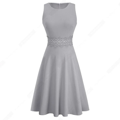 Women Vintage Casual Round Neck A line Summer Elegant Floral Lace Patchwork Sleeveless Tunic Party Swing Dress HA079