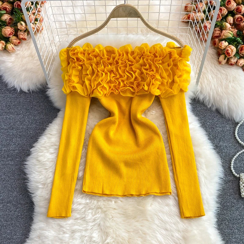 Autumn Women Knitting Full Sleeve Patchwork Sweaters Pullovers Girls Slim Floral Knitted Knitwear Tops GTA014