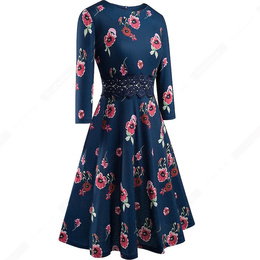 Women Vintage Casual Round Neck A line Summer Elegant Floral Lace Patchwork Sleeveless Tunic Party Swing Dress HA079