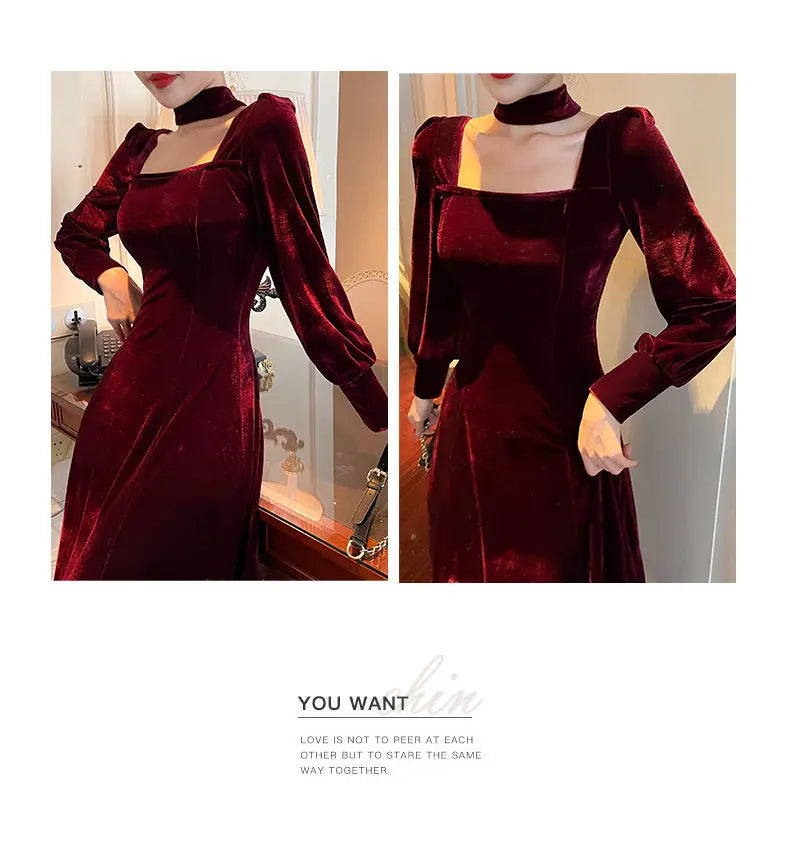 Sexy Dress Women French Retro Vintage Square Collar Waist Office Lady Wine Red Golden Velvet Autumn and Winter Female Clothing