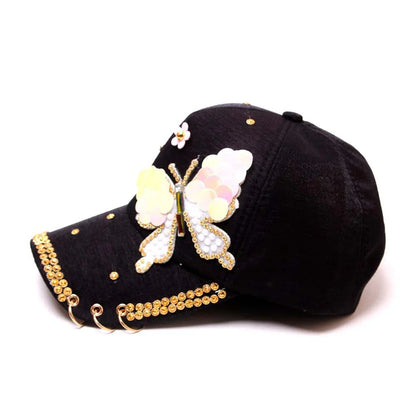 Autumn Women's Baseball Cap Women Full Crystal Colorful Big Butterfly Hat Cotton Shiny Metal Snapback Caps Hip Hop hats