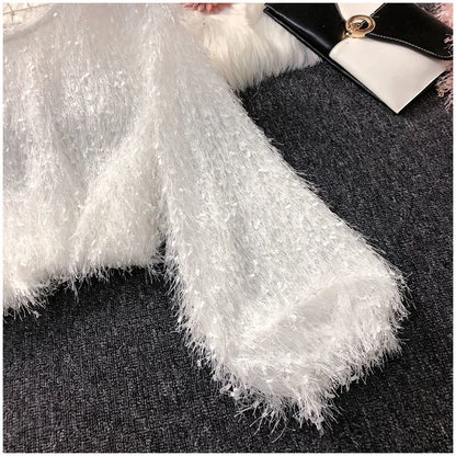 Blouse Women Shirt 2021 Spring Loose Puff Sleeves Furry Top Women's round-Neck Shirt Autumn and Winter Blusas Mujer De Moda
