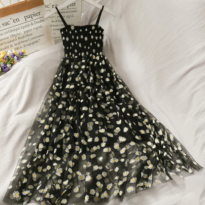 Sleeveless Dress Women Elegant Daisy Strappy Mesh Designer A-Line Stretchy Bust Fresh Ruched Retro High Waist Female Sundress