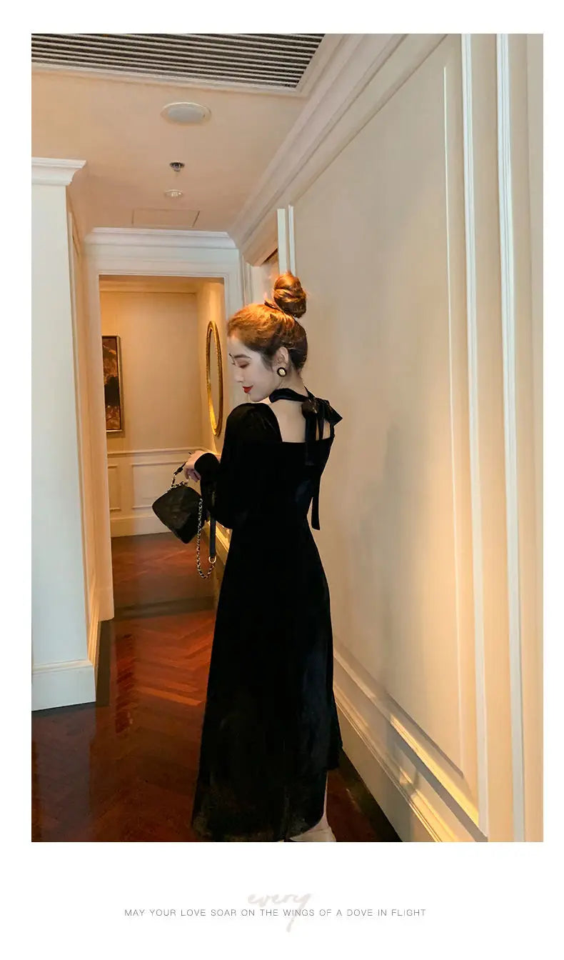 Sexy Dress Women French Retro Vintage Square Collar Waist Office Lady Wine Red Golden Velvet Autumn and Winter Female Clothing