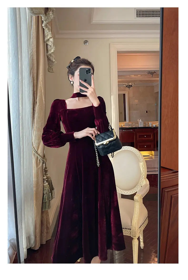 Sexy Dress Women French Retro Vintage Square Collar Waist Office Lady Wine Red Golden Velvet Autumn and Winter Female Clothing