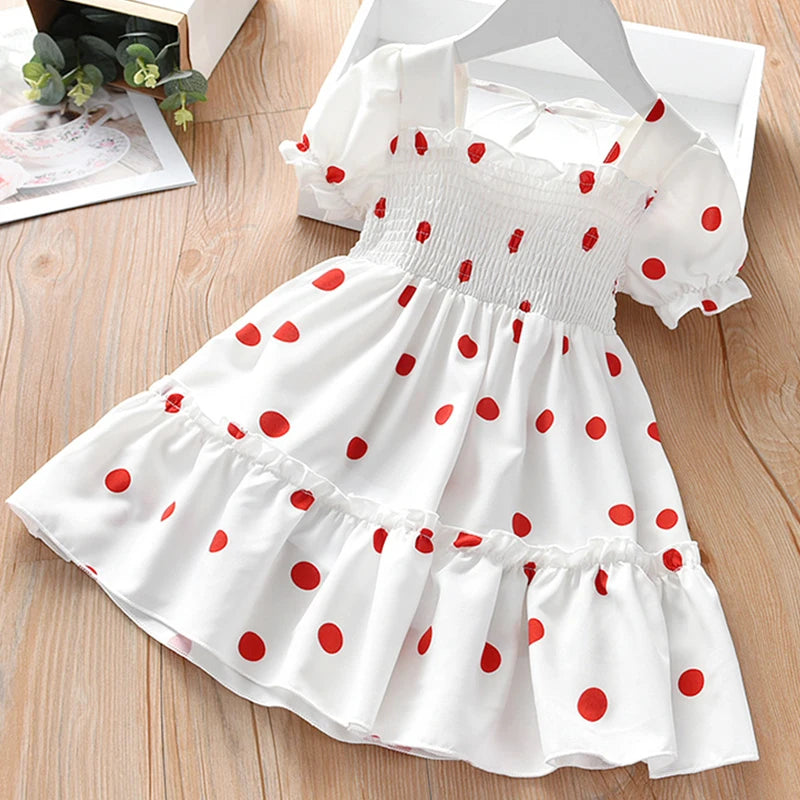 New Baby Summer Dresses Girls Sweet Lace Chiffon Polka Dot Dress Little Girl Chiffon Short Sleeve Dress For Kids Clothes