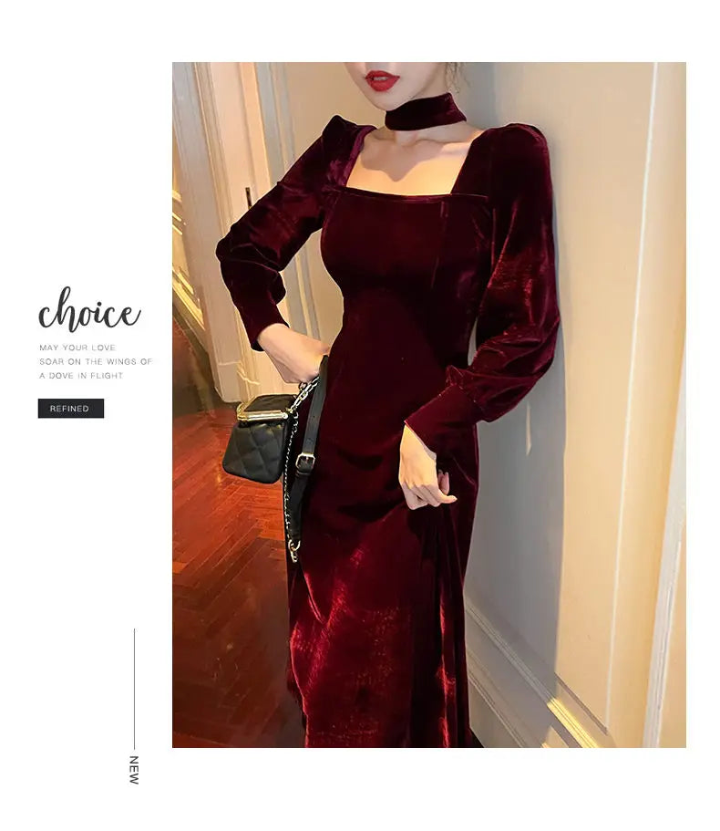 Sexy Dress Women French Retro Vintage Square Collar Waist Office Lady Wine Red Golden Velvet Autumn and Winter Female Clothing