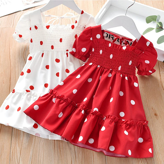 New Baby Summer Dresses Girls Sweet Lace Chiffon Polka Dot Dress Little Girl Chiffon Short Sleeve Dress For Kids Clothes
