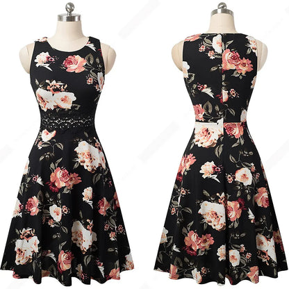 Women Vintage Casual Round Neck A line Summer Elegant Floral Lace Patchwork Sleeveless Tunic Party Swing Dress HA079