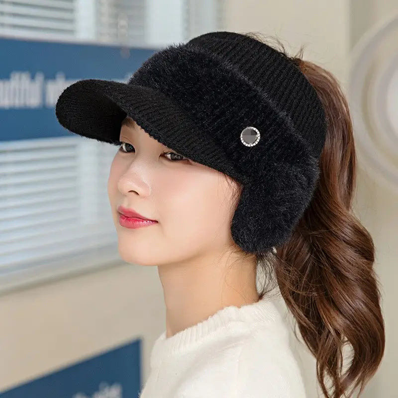 Womens Ponytail Hat with Contoured Ear Warmer Visor Hat Lightweight Runner's Hat