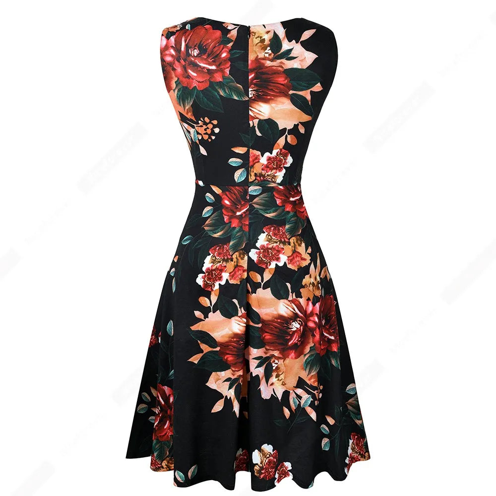 Women Vintage Casual Round Neck A line Summer Elegant Floral Lace Patchwork Sleeveless Tunic Party Swing Dress HA079