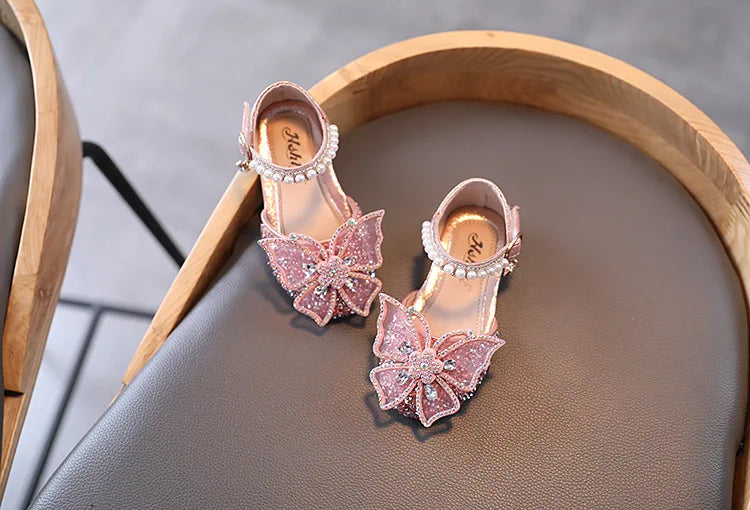 Large Crystal Bow Tie Kids Shoes for Girl Princess Beading Mary Jane Shoes Bling Prom Children  Girls Designer Shoes