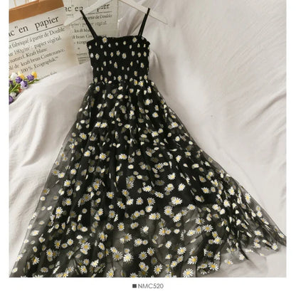 Sleeveless Dress Women Elegant Daisy Strappy Mesh Designer A-Line Stretchy Bust Fresh Ruched Retro High Waist Female Sundress
