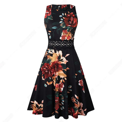 Women Vintage Casual Round Neck A line Summer Elegant Floral Lace Patchwork Sleeveless Tunic Party Swing Dress HA079