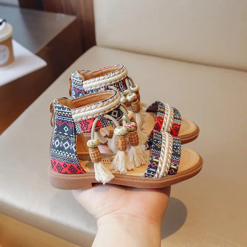 Girls Ethnic Retro Sandals Children Gladiator Sandals Fashion Kids Tassels Princess Shoes (Available)